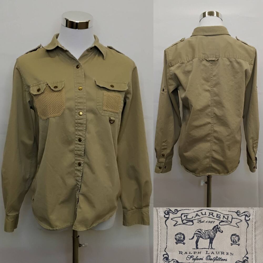 Lauren Ralph Lauren Safari Shirt Women's M Cotton Khaki 1990s Stress Hole #J5216